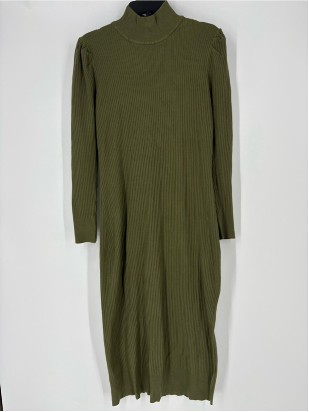 Puff Sleeve Olive Green Ribbed Curve Loving Sweater Midi Dress Women Large